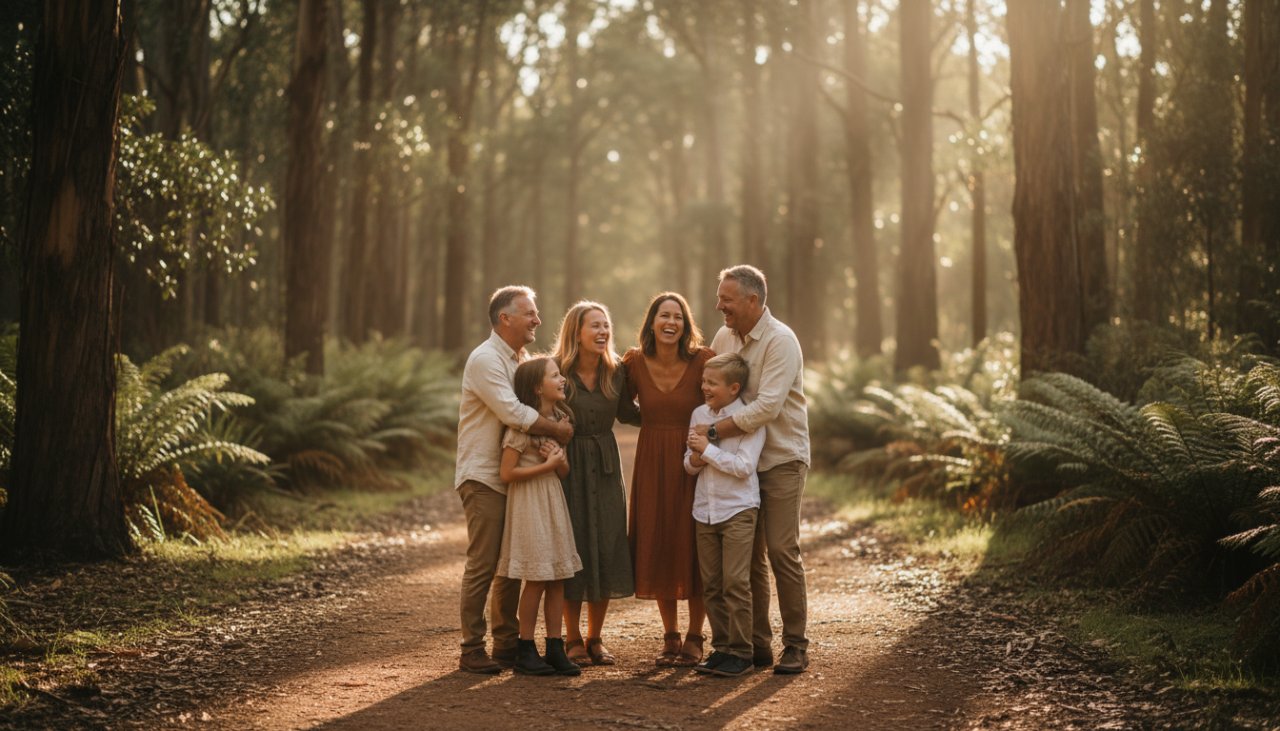 A stunning wide-angle candid photograph of a family laughing joyfully as they walk hand-in-hand through a sun-dappled trail in Sherbrooke Forest, Belgrave South, capturing Belgrave South authentic family candid photos.