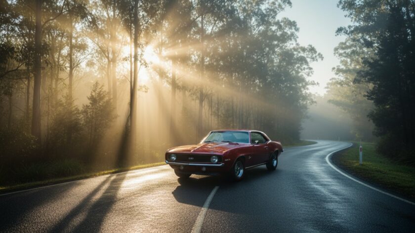 Dramatic wide shot of a pristine vintage muscle car cruising through a winding, tree-lined road at sunset in Belgrave South, Victoria, capturing the essence of Belgrave South classic car photography scenic drives with golden light highlighting its chrome details and the scenic Australian bushland.