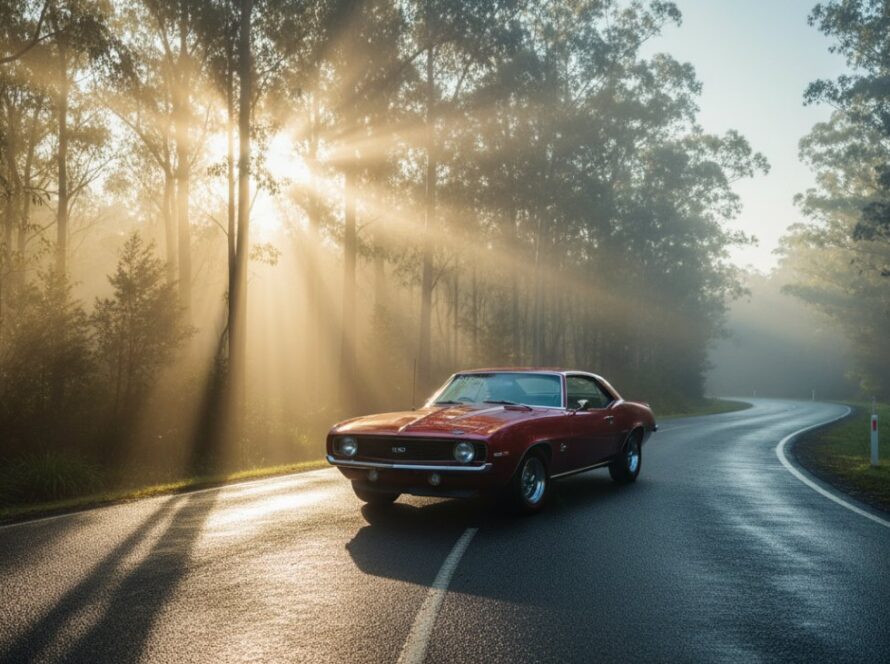 Dramatic wide shot of a pristine vintage muscle car cruising through a winding, tree-lined road at sunset in Belgrave South, Victoria, capturing the essence of Belgrave South classic car photography scenic drives with golden light highlighting its chrome details and the scenic Australian bushland.