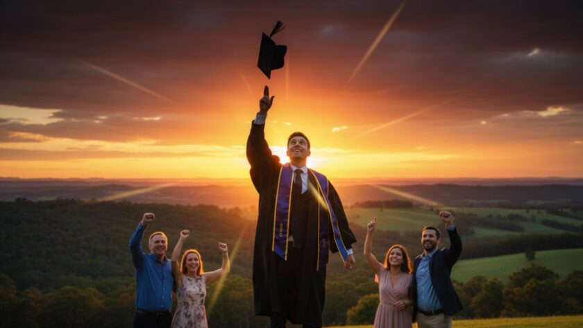 A triumphant graduate in full academic regalia, cap mid-air, silhouetted against a golden hour sunset over the rolling hills of the Dandenong Ranges in Belgrave South. The scene captures the pure joy and exhilaration of a 'Belgrave South Graduation Photography Epic Moments' celebration, with family members cheering faintly in the soft background, creating a cinematic and emotionally resonant image.
