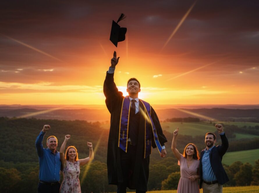 A triumphant graduate in full academic regalia, cap mid-air, silhouetted against a golden hour sunset over the rolling hills of the Dandenong Ranges in Belgrave South. The scene captures the pure joy and exhilaration of a 'Belgrave South Graduation Photography Epic Moments' celebration, with family members cheering faintly in the soft background, creating a cinematic and emotionally resonant image.