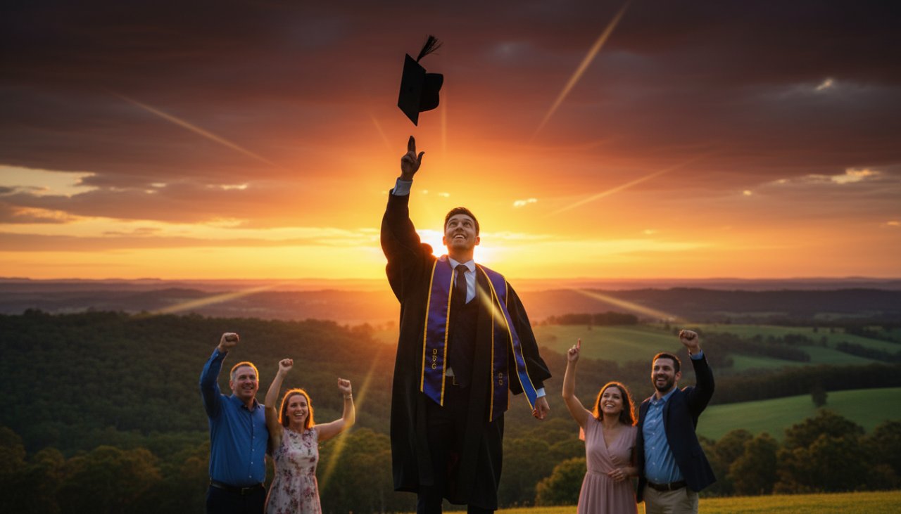 A triumphant graduate in full academic regalia, cap mid-air, silhouetted against a golden hour sunset over the rolling hills of the Dandenong Ranges in Belgrave South. The scene captures the pure joy and exhilaration of a 'Belgrave South Graduation Photography Epic Moments' celebration, with family members cheering faintly in the soft background, creating a cinematic and emotionally resonant image.