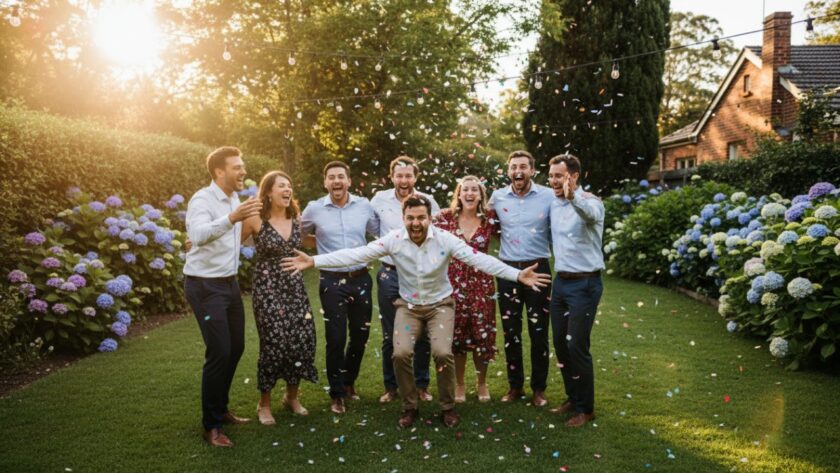 Belgrave South intimate garden party photography capturing a joyful burst of confetti over laughing friends, bathed in golden hour light, celebrating amidst lush greenery.