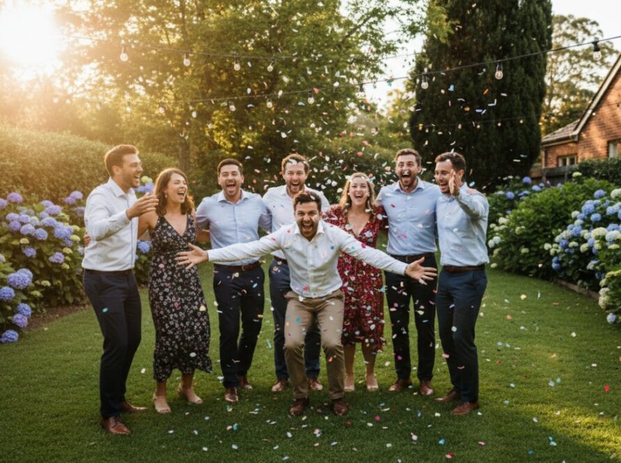 Belgrave South intimate garden party photography capturing a joyful burst of confetti over laughing friends, bathed in golden hour light, celebrating amidst lush greenery.