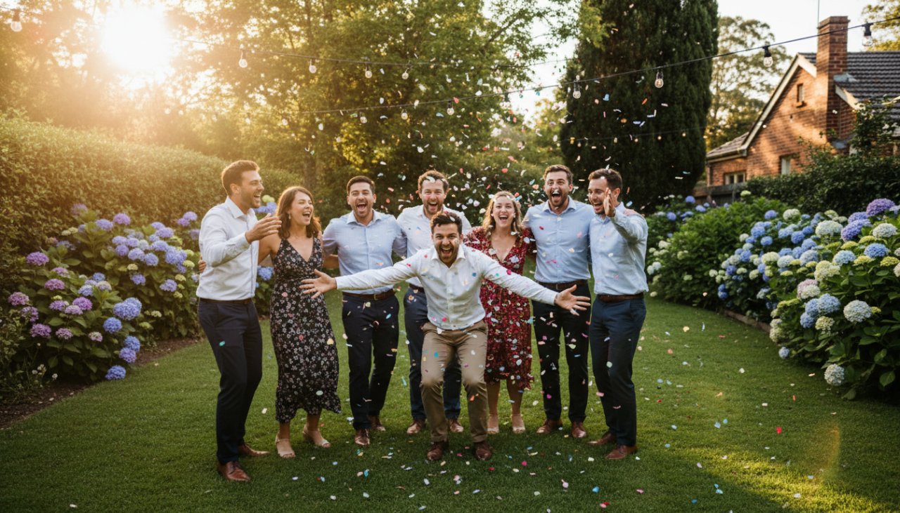 Belgrave South intimate garden party photography capturing a joyful burst of confetti over laughing friends, bathed in golden hour light, celebrating amidst lush greenery.