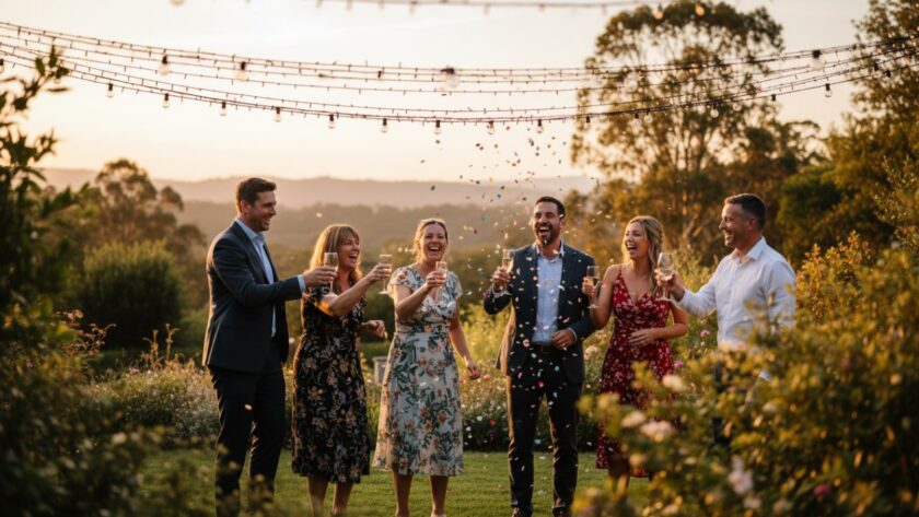 An epic moment captured during a Belgrave South intimate garden party photography session: A wide shot of guests laughing joyfully under string lights in a lush, green Dandenongs backyard, a warm golden hour glow illuminating their faces, celebrating a special occasion.