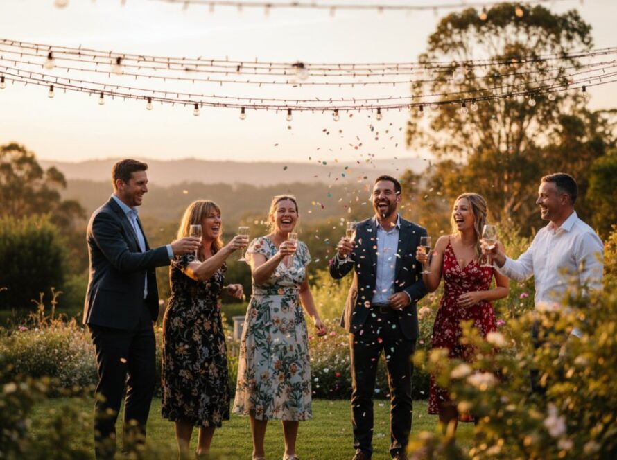 An epic moment captured during a Belgrave South intimate garden party photography session: A wide shot of guests laughing joyfully under string lights in a lush, green Dandenongs backyard, a warm golden hour glow illuminating their faces, celebrating a special occasion.