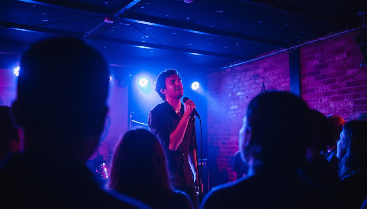 A dynamic, wide-angle shot capturing the lead singer bathed in vibrant stage lights during an electrifying performance at a Belgrave South venue, perfectly illustrating Belgrave South live music photography unforgettable moments.