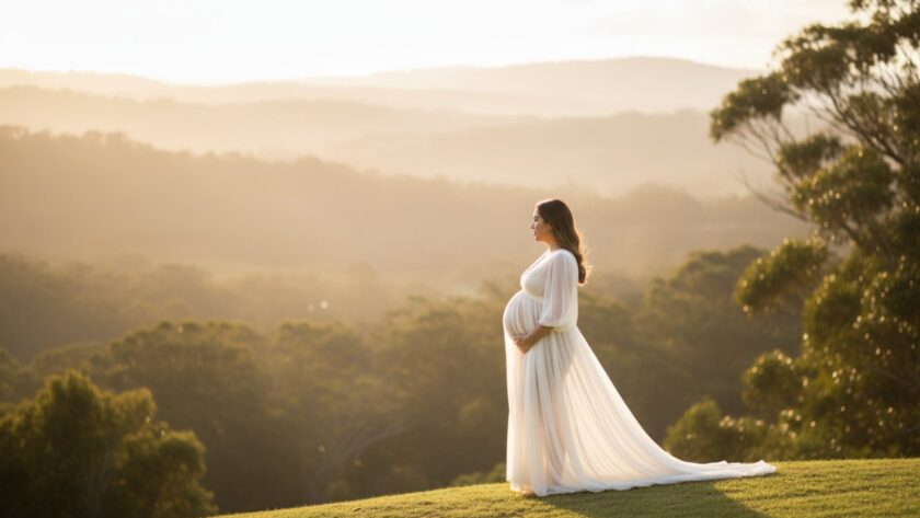 An ethereal Belgrave South maternity photoshoot natural light image, featuring a pregnant woman in a flowing gown at golden hour, silhouetted against a misty, sun-drenched Dandenong Ranges landscape, exuding peace and anticipation.