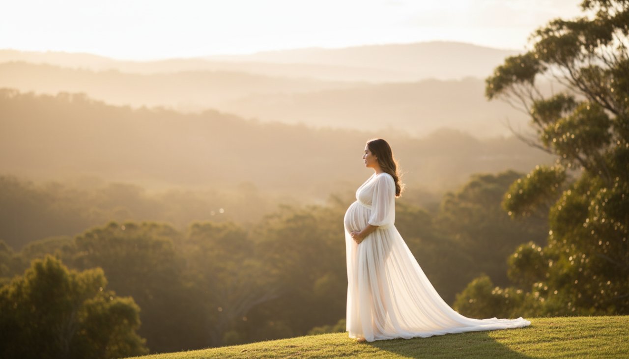 An ethereal Belgrave South maternity photoshoot natural light image, featuring a pregnant woman in a flowing gown at golden hour, silhouetted against a misty, sun-drenched Dandenong Ranges landscape, exuding peace and anticipation.