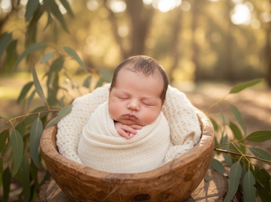 An angelic baby sleeping peacefully amidst a softly lit, natural setting in Belgrave South, showcasing the beauty of Belgrave South natural light newborn photography, captured in a tender, epic moment.