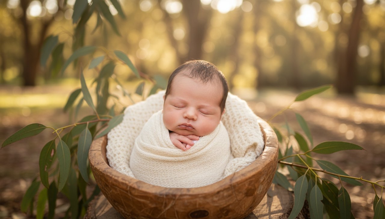 An angelic baby sleeping peacefully amidst a softly lit, natural setting in Belgrave South, showcasing the beauty of Belgrave South natural light newborn photography, captured in a tender, epic moment.