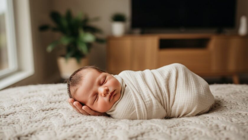 An 'epic moment' photograph by Belgrave South newborn photography natural light specialists, showcasing a peacefully sleeping newborn baby swaddled in soft organic fabric, bathed in gentle morning light filtering through a window, with a parent's hand delicately holding their tiny fingers, against a blurred, warm background of a modern Belgrave South home. The scene is soft, intimate, and evokes profound love and serenity.