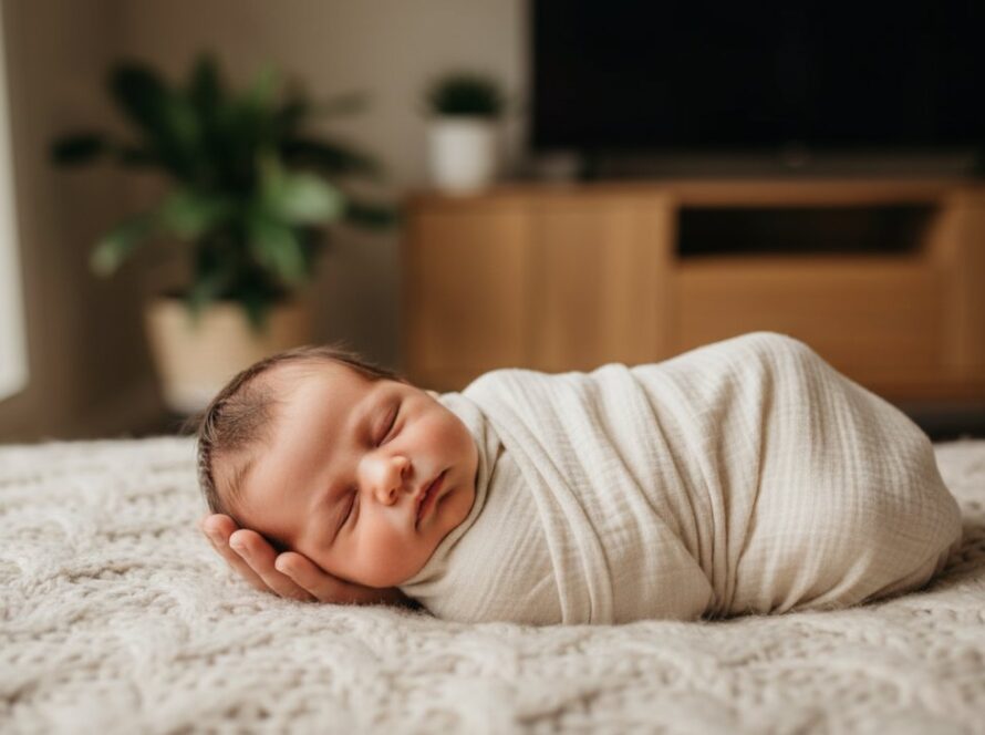 An 'epic moment' photograph by Belgrave South newborn photography natural light specialists, showcasing a peacefully sleeping newborn baby swaddled in soft organic fabric, bathed in gentle morning light filtering through a window, with a parent's hand delicately holding their tiny fingers, against a blurred, warm background of a modern Belgrave South home. The scene is soft, intimate, and evokes profound love and serenity.