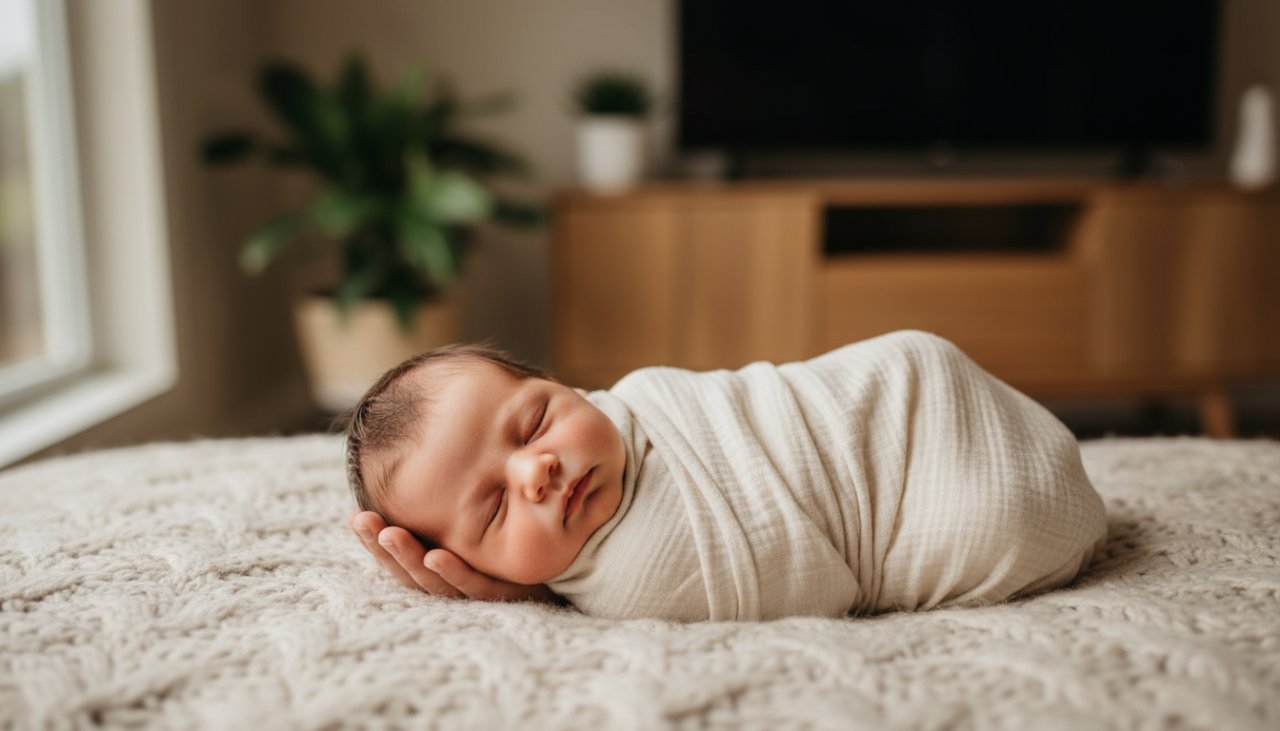 An 'epic moment' photograph by Belgrave South newborn photography natural light specialists, showcasing a peacefully sleeping newborn baby swaddled in soft organic fabric, bathed in gentle morning light filtering through a window, with a parent's hand delicately holding their tiny fingers, against a blurred, warm background of a modern Belgrave South home. The scene is soft, intimate, and evokes profound love and serenity.