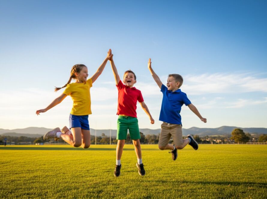 An epic moment captured: a joyful primary school student in Belgrave South, mid-laugh, holding a colourful art project, with natural light streaming through large classroom windows, showcasing authentic Belgrave South primary school photography portraits.
