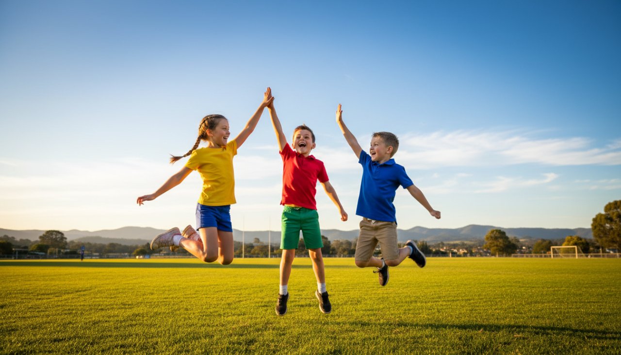 An epic moment captured: a joyful primary school student in Belgrave South, mid-laugh, holding a colourful art project, with natural light streaming through large classroom windows, showcasing authentic Belgrave South primary school photography portraits.