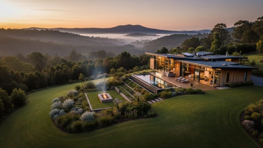 An epic aerial shot of a beautifully staged modern home in Belgrave South, illuminated by the golden hour sun, highlighting its expansive garden and views, perfect for Belgrave South real estate photography for stunning listings.