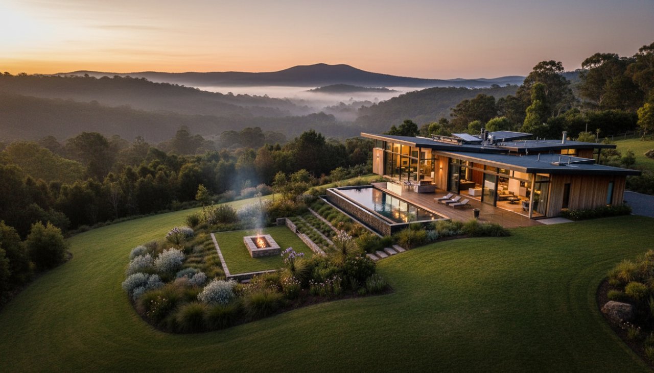 An epic aerial shot of a beautifully staged modern home in Belgrave South, illuminated by the golden hour sun, highlighting its expansive garden and views, perfect for Belgrave South real estate photography for stunning listings.