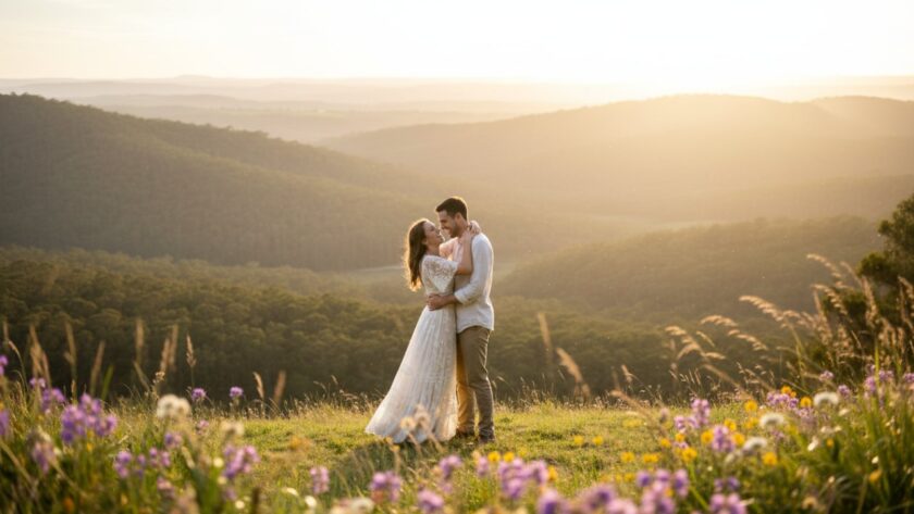 A couple embracing passionately amidst the lush, sun-dappled eucalyptus trees of Belgrave South, embodying Belgrave South romantic engagement photography, with soft, golden light filtering through the leaves creating an ethereal, epic moment.