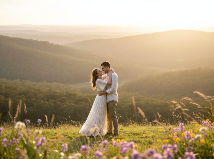 A couple embracing passionately amidst the lush, sun-dappled eucalyptus trees of Belgrave South, embodying Belgrave South romantic engagement photography, with soft, golden light filtering through the leaves creating an ethereal, epic moment.