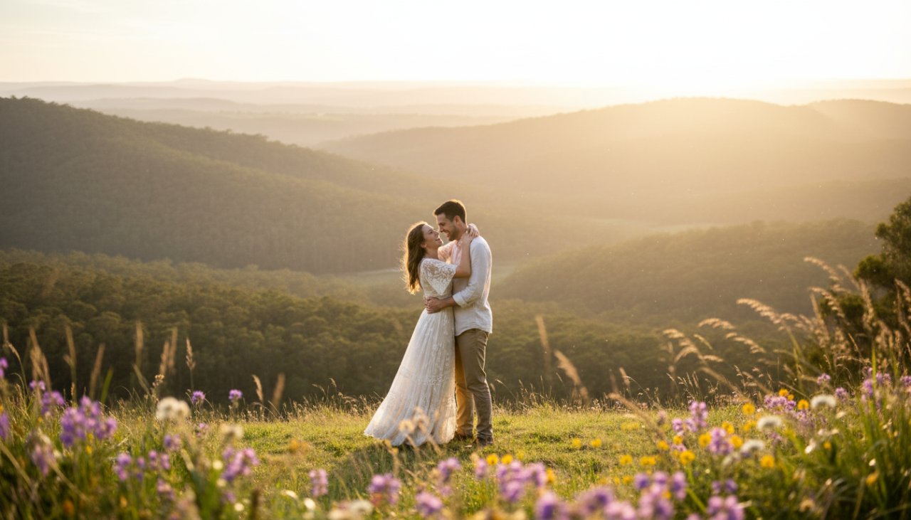 A couple embracing passionately amidst the lush, sun-dappled eucalyptus trees of Belgrave South, embodying Belgrave South romantic engagement photography, with soft, golden light filtering through the leaves creating an ethereal, epic moment.