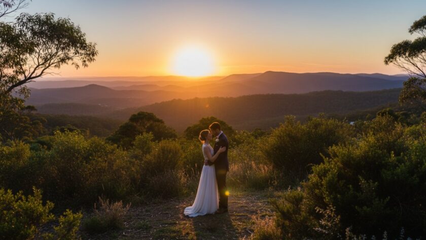 A breathtaking panoramic shot of a newly married couple embracing at sunset, with the rolling Dandenong Ranges as a dramatic backdrop, capturing the Belgrave South wedding photography Dandenong Ranges romance.