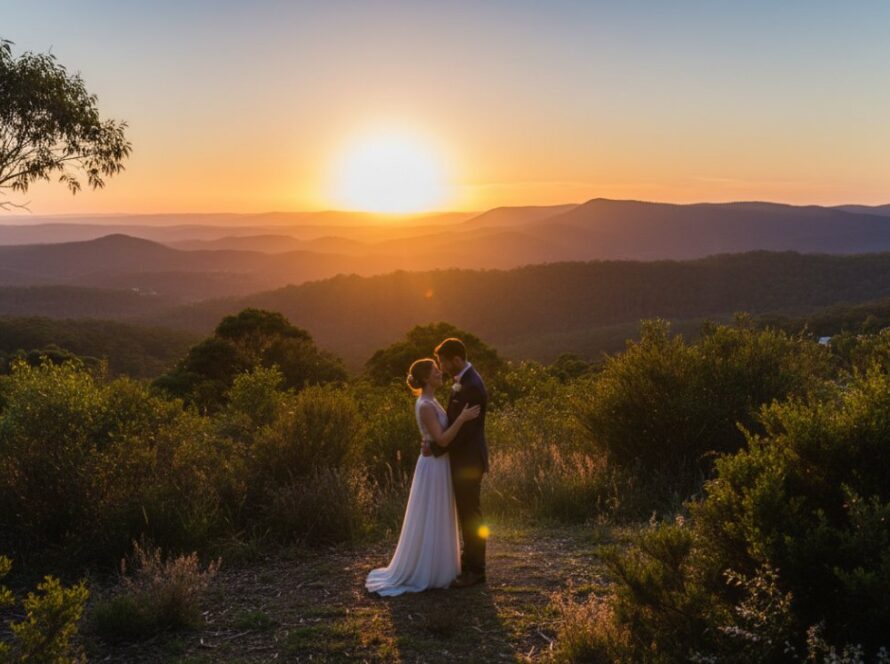 A breathtaking panoramic shot of a newly married couple embracing at sunset, with the rolling Dandenong Ranges as a dramatic backdrop, capturing the Belgrave South wedding photography Dandenong Ranges romance.