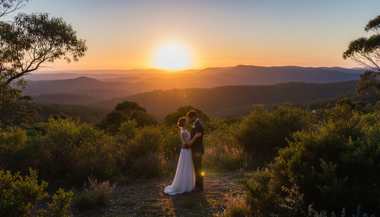 A breathtaking panoramic shot of a newly married couple embracing at sunset, with the rolling Dandenong Ranges as a dramatic backdrop, capturing the Belgrave South wedding photography Dandenong Ranges romance.