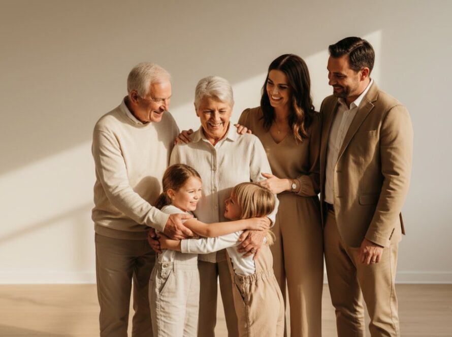 A heartwarming Belgrave studio photography capturing timeless family portraits: a candid, joyful moment of a multi-generational Australian family laughing together in a beautifully lit, modern studio, with the focus on genuine connection.