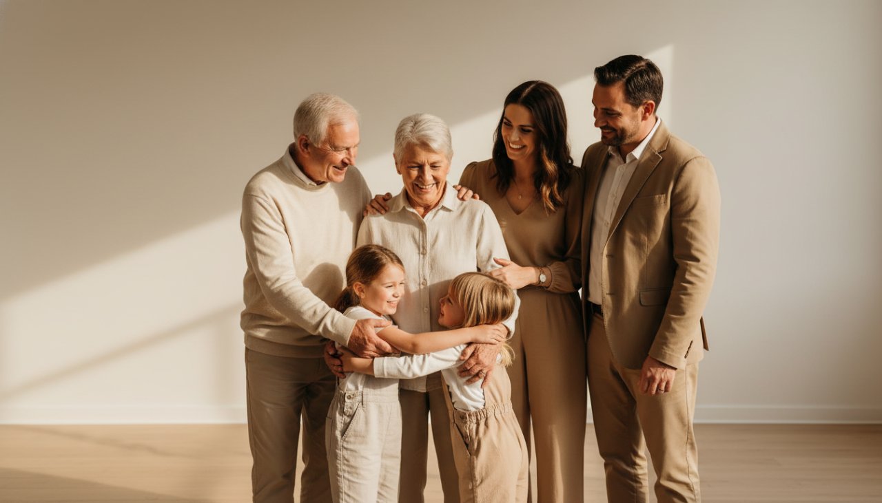 A heartwarming Belgrave studio photography capturing timeless family portraits: a candid, joyful moment of a multi-generational Australian family laughing together in a beautifully lit, modern studio, with the focus on genuine connection.