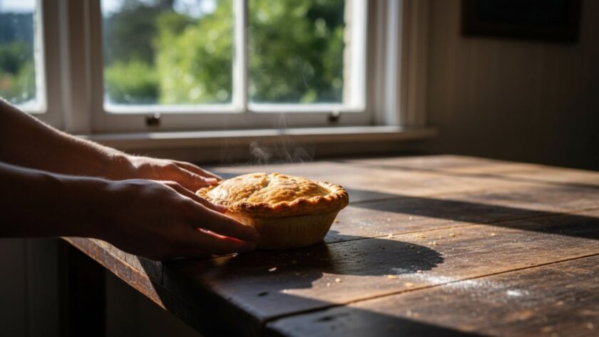 A close-up, cinematic shot of a freshly prepared, steaming artisan gourmet dish, perhaps a vibrant local brunch item, beautifully styled on a rustic wooden table inside a cozy Belgrave cafe, bathed in warm, natural morning light filtering through a window, with a soft, blurred background hinting at the Dandenong Ranges scenery, showcasing expert Belgrave Victoria artisan food photography.