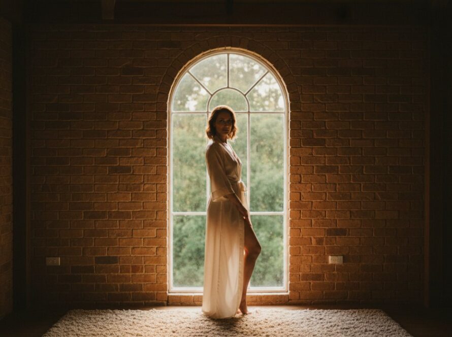 An empowering close-up portrait of a woman amidst the natural light of a rustic studio in Belgrave, Victoria, capturing her serene confidence during a Belgrave Victoria intimate boudoir photography experience, soft focus with warm tones, 'epic moment' style.