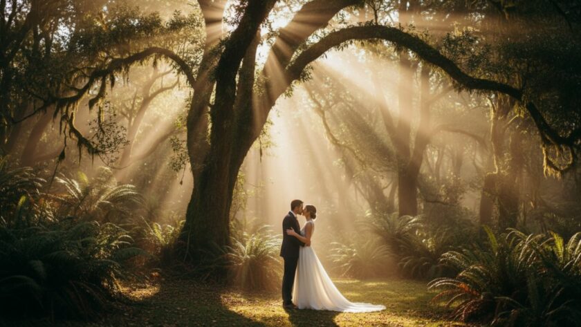 An epic moment of a newlywed couple embracing passionately amidst the misty, enchanted forest of the Dandenong Ranges in Belgrave, captured with a cinematic, golden hour glow, embodying Belgrave wedding photography Dandenongs unique love stories.