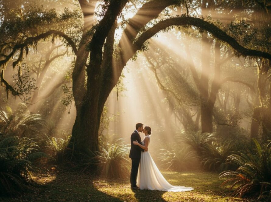 An epic moment of a newlywed couple embracing passionately amidst the misty, enchanted forest of the Dandenong Ranges in Belgrave, captured with a cinematic, golden hour glow, embodying Belgrave wedding photography Dandenongs unique love stories.
