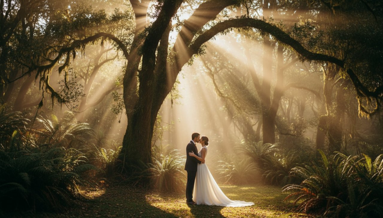 An epic moment of a newlywed couple embracing passionately amidst the misty, enchanted forest of the Dandenong Ranges in Belgrave, captured with a cinematic, golden hour glow, embodying Belgrave wedding photography Dandenongs unique love stories.