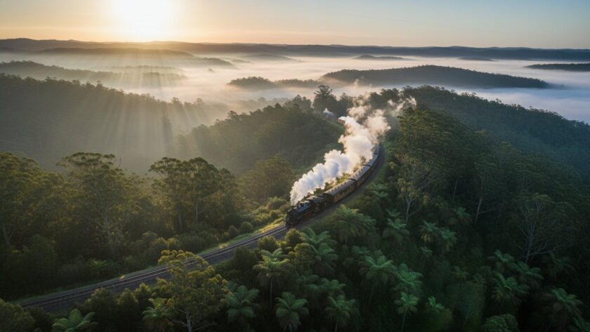 An epic drone photograph capturing a misty morning sunrise over the lush green canopy of the Dandenong Ranges near Belgrave, Victoria, with a single Puffing Billy train winding through the trees, showcasing Belgrave's Dandenong Ranges drone photography for unique perspectives.