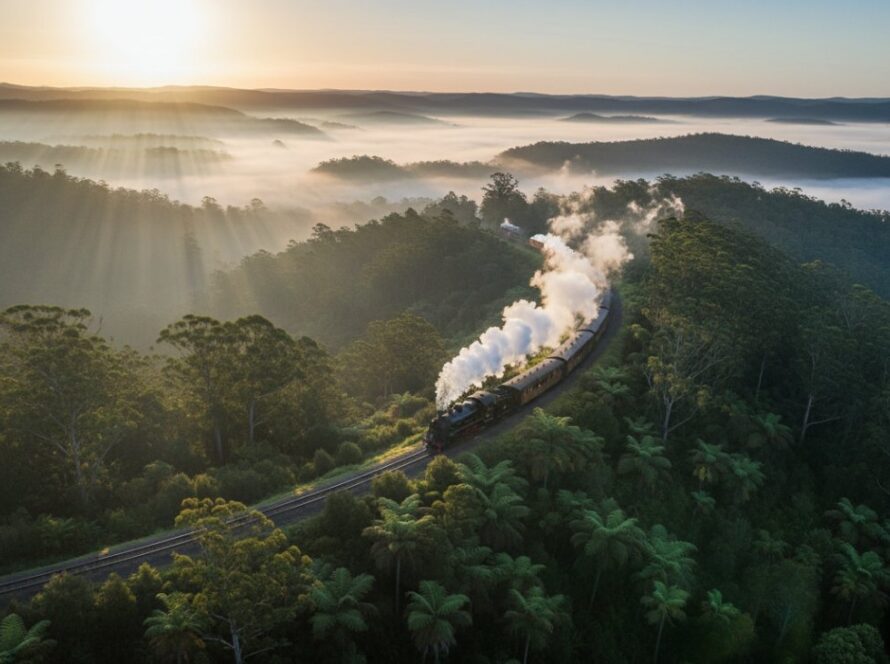 An epic drone photograph capturing a misty morning sunrise over the lush green canopy of the Dandenong Ranges near Belgrave, Victoria, with a single Puffing Billy train winding through the trees, showcasing Belgrave's Dandenong Ranges drone photography for unique perspectives.