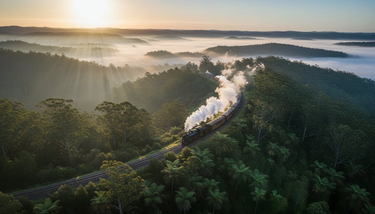 An epic drone photograph capturing a misty morning sunrise over the lush green canopy of the Dandenong Ranges near Belgrave, Victoria, with a single Puffing Billy train winding through the trees, showcasing Belgrave's Dandenong Ranges drone photography for unique perspectives.