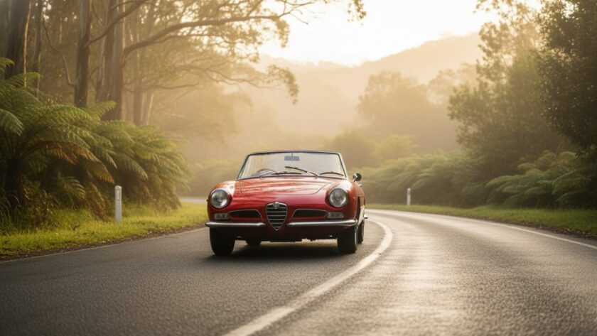 Bespoke automotive photography Kallista Dandenong Ranges capturing a gleaming vintage sports car parked on a misty, winding road overlooking the Dandenong Ranges at sunrise, sunlight glinting off its polished chrome, evoking a sense of classic elegance and adventure.