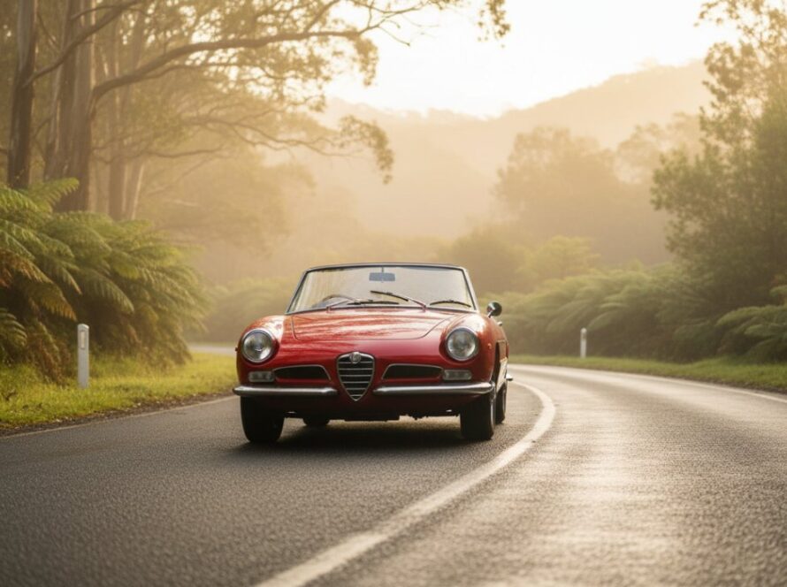 Bespoke automotive photography Kallista Dandenong Ranges capturing a gleaming vintage sports car parked on a misty, winding road overlooking the Dandenong Ranges at sunrise, sunlight glinting off its polished chrome, evoking a sense of classic elegance and adventure.
