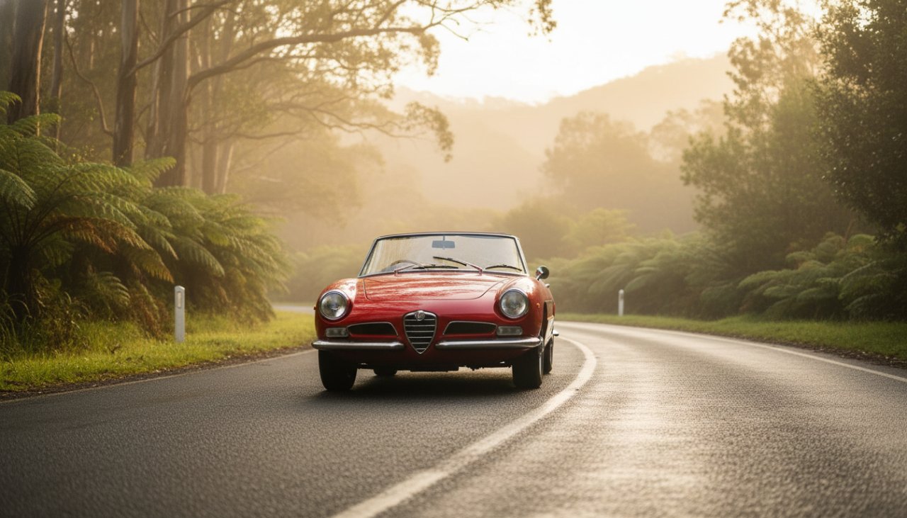 Bespoke automotive photography Kallista Dandenong Ranges capturing a gleaming vintage sports car parked on a misty, winding road overlooking the Dandenong Ranges at sunrise, sunlight glinting off its polished chrome, evoking a sense of classic elegance and adventure.