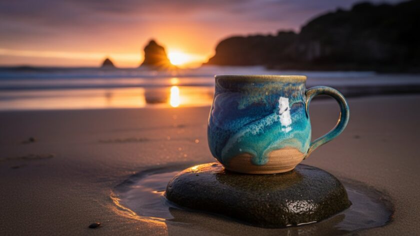 A dramatically lit, cinematic shot of a bespoke coastal advertising photography shoot in Somers, Victoria, featuring a local artisanal product displayed against a stunning sunset backdrop at Somers Beach, embodying the high-quality visuals Image by SD delivers for businesses.