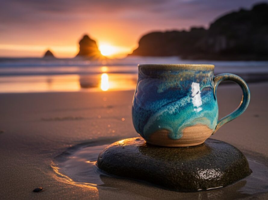 A dramatically lit, cinematic shot of a bespoke coastal advertising photography shoot in Somers, Victoria, featuring a local artisanal product displayed against a stunning sunset backdrop at Somers Beach, embodying the high-quality visuals Image by SD delivers for businesses.