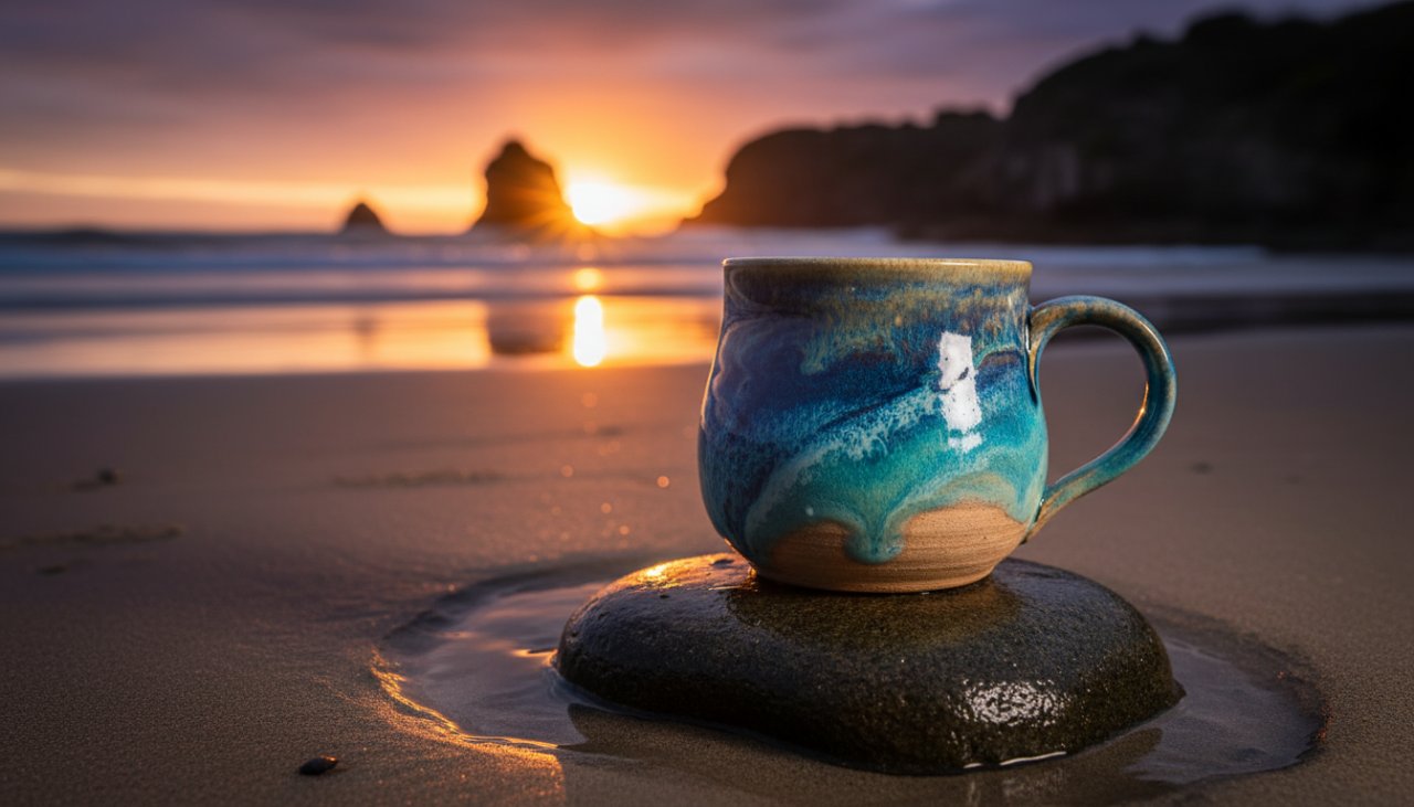 A dramatically lit, cinematic shot of a bespoke coastal advertising photography shoot in Somers, Victoria, featuring a local artisanal product displayed against a stunning sunset backdrop at Somers Beach, embodying the high-quality visuals Image by SD delivers for businesses.