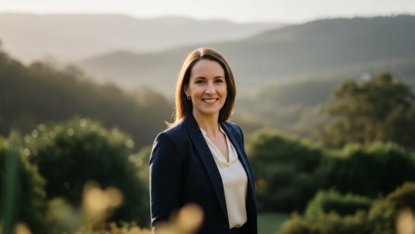 A dynamic, cinematic portrait of a confident business professional in Tecoma, Victoria, against a subtly blurred backdrop of the Dandenong Ranges, embodying bespoke corporate headshots Tecoma Victoria with natural, warm light.