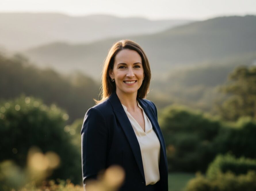 A dynamic, cinematic portrait of a confident business professional in Tecoma, Victoria, against a subtly blurred backdrop of the Dandenong Ranges, embodying bespoke corporate headshots Tecoma Victoria with natural, warm light.