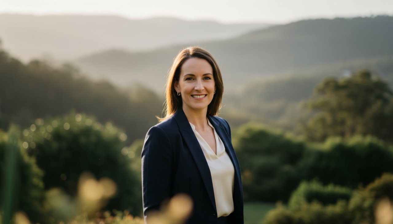 A dynamic, cinematic portrait of a confident business professional in Tecoma, Victoria, against a subtly blurred backdrop of the Dandenong Ranges, embodying bespoke corporate headshots Tecoma Victoria with natural, warm light.