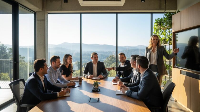 An inspiring wide-angle photograph capturing a successful business team collaborating confidently in a modern Montrose office, bathed in warm, natural light, epitomising bespoke corporate imagery Montrose Victoria.