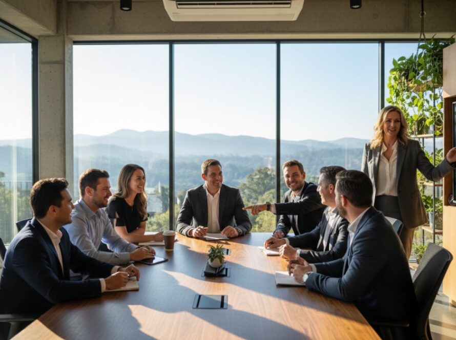 An inspiring wide-angle photograph capturing a successful business team collaborating confidently in a modern Montrose office, bathed in warm, natural light, epitomising bespoke corporate imagery Montrose Victoria.